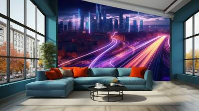 Road with light trails of passing vehicles. Motion speed light in city. Dynamic background. Town at night with speed traffic. Generative AI. Illustration for banner, poster, cover or presentation. Wall mural