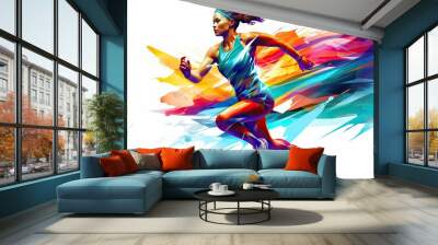 Running female athlete in sportswear. Energetic young woman. Marathon runner. Sport. Acrylic painting background made with paint strokes. Illustration for cover, card, interior design, brochure, etc. Wall mural