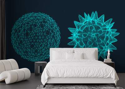 Sphere with connected lines. Crystal. Global digital connections. Wireframe illustration. Abstract 3d grid design. Molecular grid. Futuristic connection structure for chemistry and science. Wall mural