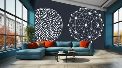 Spheres with dots, lines, particles and twist lines. Abstract design elements. Modern art graphics. Technology concept. Vector for cover, banner, brochure, poster or flyer. Wall mural