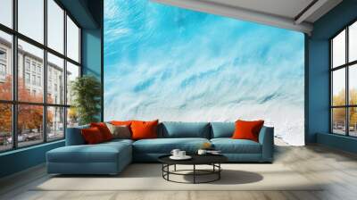 Splashing blue water ocean waves reach sandy beach. Nature background. Modern screen design. Illustration for cover, card, postcard, banner, poster, brochure or presentation. Wall mural