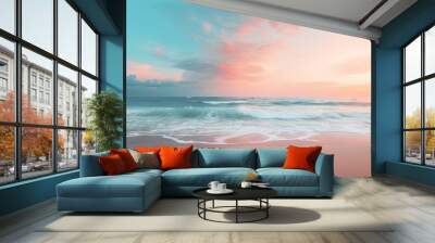 Splashing blue water ocean waves reach sandy beach. Nature background. Modern screen design. Illustration for cover, card, postcard, banner, poster, brochure or presentation. Wall mural