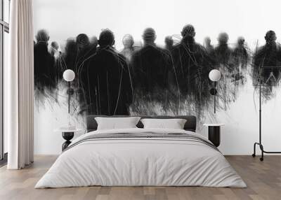 The black and white drawing shows a crowd of people and we can only see their backs. The concept of depersonalization of the masses, as all people are gray and stand densely in space. Illustration. Wall mural