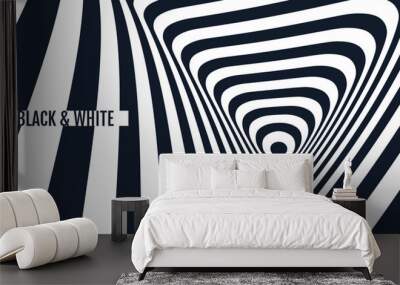 The geometric background by stripes. Black and white modern pattern with optical illusion. 3d vector illustration for brochure, annual report, magazine, poster, presentation, flyer or banner. Wall mural