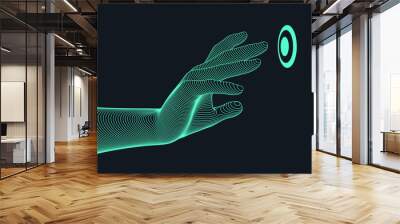 The hand presses the index finger on the start button a virtual interface.  Technologies of the future. Connection structure. 3D vector illustration for science, technology or education. Wall mural