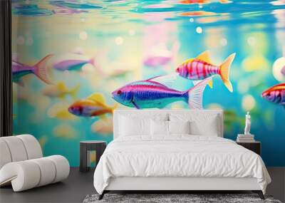 Tropical fish swimming in an aquarium. Plastic toys for children's play in the bathroom. Underwater world with selective focus. Illustration for brochure, poster, presentation, flyer or banner. Wall mural