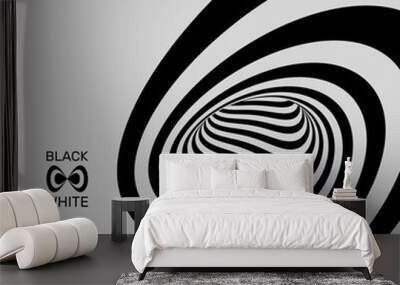 Tunnel. Abstract 3D geometrical background. Black and white design. Pattern with optical illusion. Vector illustration. Wall mural