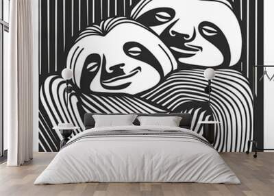 Two sloths hugging each other. The animals are drawn in black and white. Illustration for cover, card, postcard, poster, brochure or print. Wall mural