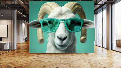 Wild ram in dark sunglasses close-up. Portrait of a wild ram. Anthopomorphic creature. Fictional character for advertising and marketing. Humorous character for graphic design. Wall mural