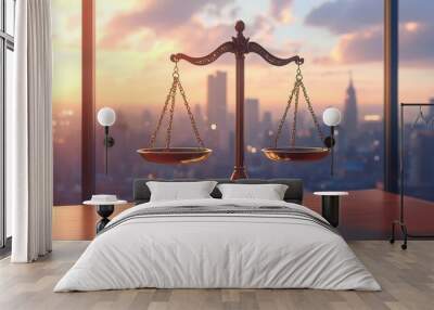 A golden scale of justice sits on a wooden table in front of a window with a city skyline in the background. Wall mural