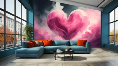 A pink cloud in the shape of a heart, set against a pink background, creating a romantic Valentine's Day ambiance. heart on the background Wall mural