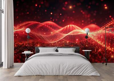 Vibrant abstract design with flowing red waves and luminous lights, representing a digital data and technology theme Wall mural