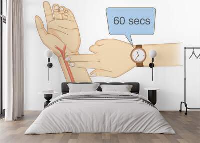 Checking Your Heart Rate Manually with place two fingers and wristwatch. Illustration about health diagnose. Wall mural