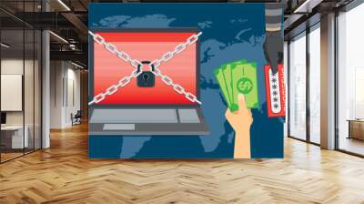 Victim hand exchange money to Password in bandit hand for unlock laptop. Illustration about Hackers demand ransom payment. Wall mural