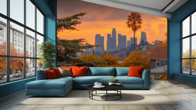 City of Los Angeles skyline at sunset. Wall mural