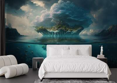 Fantasy city on surreal tropical island, underwater panorama. Generative ai illustration. Wall mural