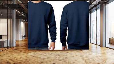 A man is wearing a navy blue sweatshirt, and t-shirt with full sleeves, both on the front and back sides. mockup Wall mural