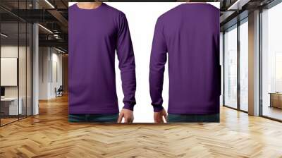 A man is wearing a purple t-shirt with full sleeves, both on the front and back sides. mockup Wall mural