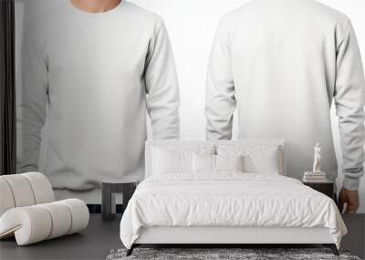 A man is wearing a white sweatshirt t-shirt, both on the front and back sides. Wall mural