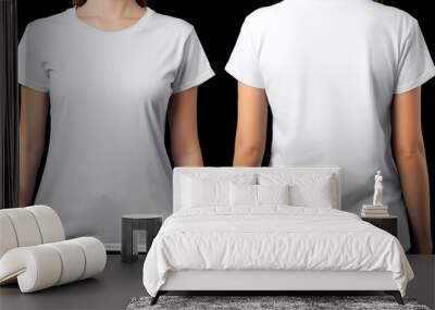 A woman or girl is wearing a white t-shirt with half sleeves, both on the front and back sides. Wall mural