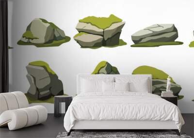 Cartoon stone with moss, jungle rock with moss, forest rock vector illustration set
 Wall mural