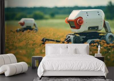 A close-up of a robot in a field of flowers, showcasing advanced agricultural technology against the backdrop of traditional farming, with ample space for text Wall mural