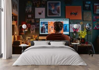 A person is engaged in photo editing on a computer in a cozy, creatively decorated home office at night. Wall mural