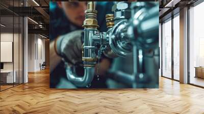 A plumber meticulously works on pipes, illustrating skill and precision in trade services, perfect for vocational training and service industry advertisements. Wall mural