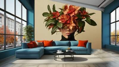 Artistic Portrait of a Person with Vibrant Flower Headpiece and Dramatic Contrast Wall mural