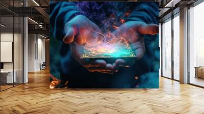 Hands holding a glowing, magical book amidst mystical smoke, perfect for themes of magic, fantasy, and the unknown, suitable for storytelling and mystical content, with copy space. Wall mural