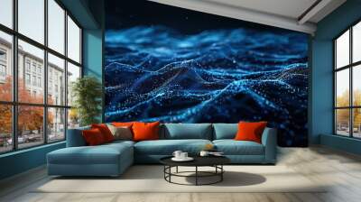 This image portrays a virtual ocean with undulating waves of blue light particles, capturing the essence of fluid data and the expanse of digital environments, ideal for themes of connectivity Wall mural