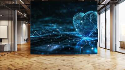 This image presents a conceptual glowing blue digital heart with intricate connections, symbolizing love or health in the digital era. Ideal for themes involving romance, technology Wall mural