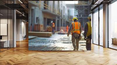 Two construction workers in high-visibility vests and hard hats at a busy construction site, with focus on safety and teamwork Wall mural