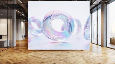 Abstract futuristic shape with iridescent glass texture floating on white background, 3d rendering illustration of clear contact lens. Pastel color, blue purple green and pink Wall mural