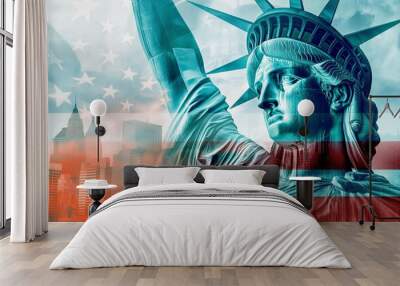 Double exposure with the American flag and the Statue of liberty. Background for independence day - 4th of July Wall mural