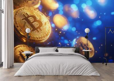 Dynamic image featuring several golden cryptocurrencies, with a prominent focus on the Bitcoin coin, enhanced by blue graphic elements, emphasizing Bitcoin's prominence among various digital coins.

 Wall mural