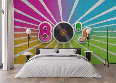 80s Disco Party on Colorful brick wall banner. 3D Render Illustration Wall mural