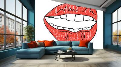 Brush drawn seductive red female lips. Romantic print for valentines day. Elegant minimal line stroke style. Vector chalk graphic element Wall mural