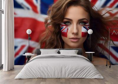 Portrait of beauty woman with face painted in the colors of the United British flag. Concept of patriotism and nationalism. Independence Day. Voting on Election. Wall mural