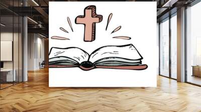 Set of Holy Bibles with crucifixes. Scripture. Religion, church, Bible study concept. Vector Illustration in doodle style. Wall mural