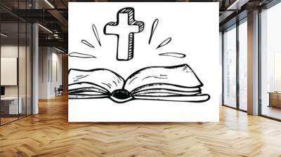 Set of Holy Bibles with crucifixes. Scripture. Religion, church, Bible study concept. Vector Illustration in doodle style. Wall mural