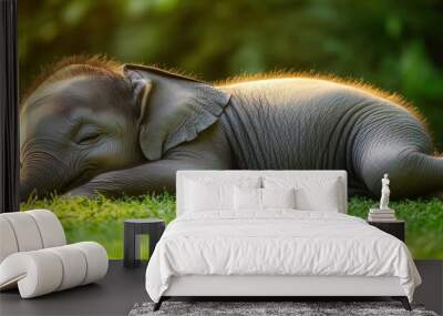 A baby elephant sleeps peacefully on a bed of green grass in the dappled sunlight. Wall mural