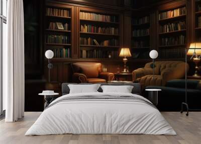 A cozy, dimly lit library with two armchairs, a coffee table, and bookshelves filled with books. Wall mural