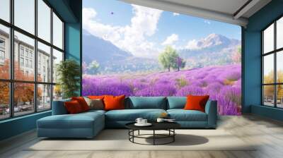 A field of lavender flowers blooming in the summer with blue sky and white clouds. Wall mural