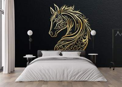 A golden horse head with intricate floral designs on a dark background. Wall mural