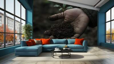 A hand holding a small sapling with soil, symbolizing new life and growth. Wall mural