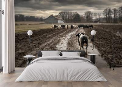 A lone black and white cow walks towards a herd of cows on a muddy farm road, with an old barn in the distance. Wall mural