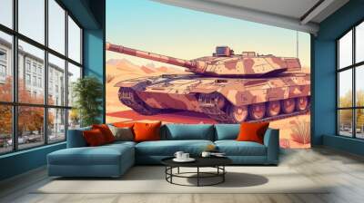 A military tank with a camouflage paint scheme is positioned in a desert landscape.  The tank is facing the left side of the frame, with its cannon pointed forward. Wall mural