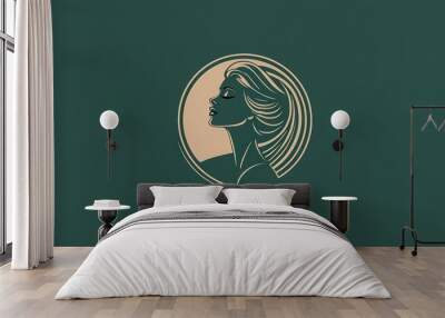 A minimalist logo design featuring a woman's face in a circle. The woman's face is in profile with her eyes closed and her hair flowing down her back. Wall mural