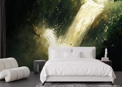 A powerful waterfall cascades down a steep cliff face, surrounded by lush greenery. The water crashes into the pool below, sending up a spray of mist. Wall mural